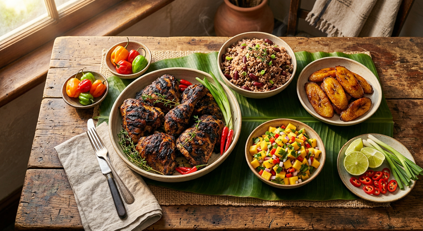 A Caribbean feast of jerk chicken, rice and peas, and fried plantains